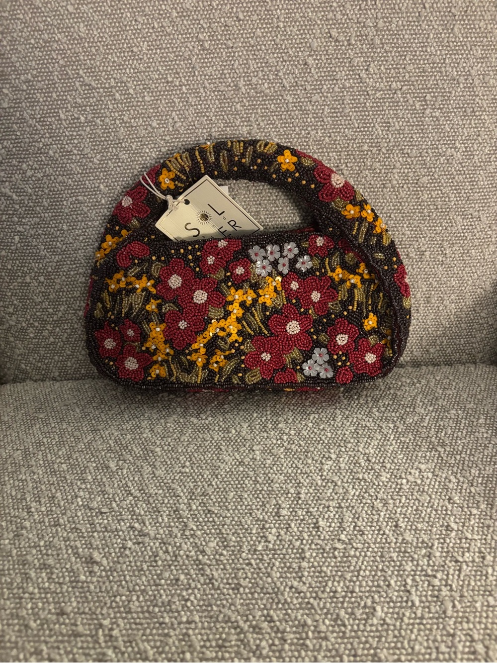 Hand-Beaded Floral Top-Handle Clutch in Burgundy, Yellow & White